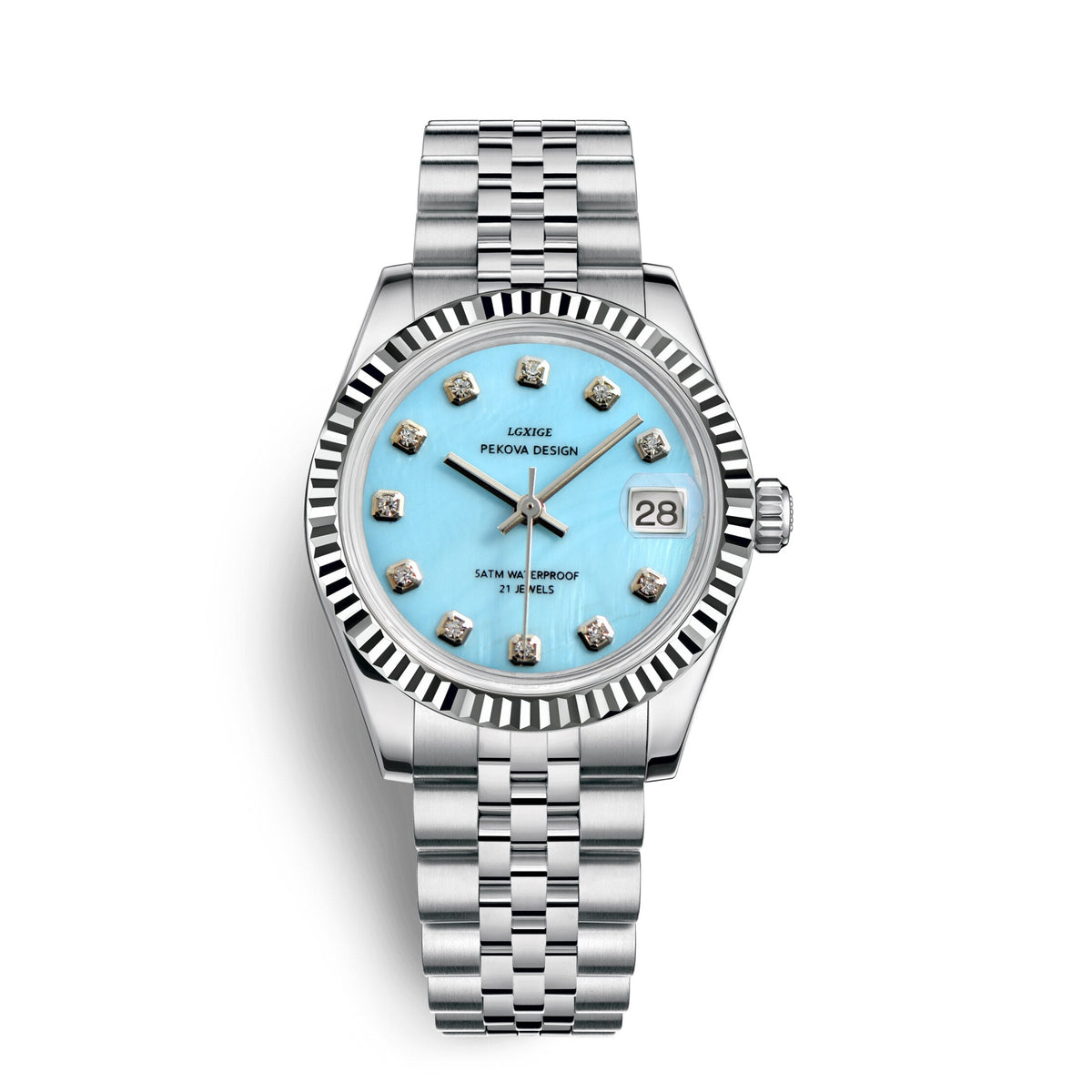 Stainless steel wristwatch with sky blue dial, black bezel details, and date window