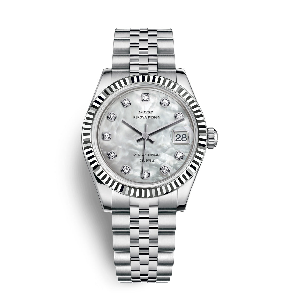 Stainless steel wristwatch with silver dial, black bezel details, and date window
