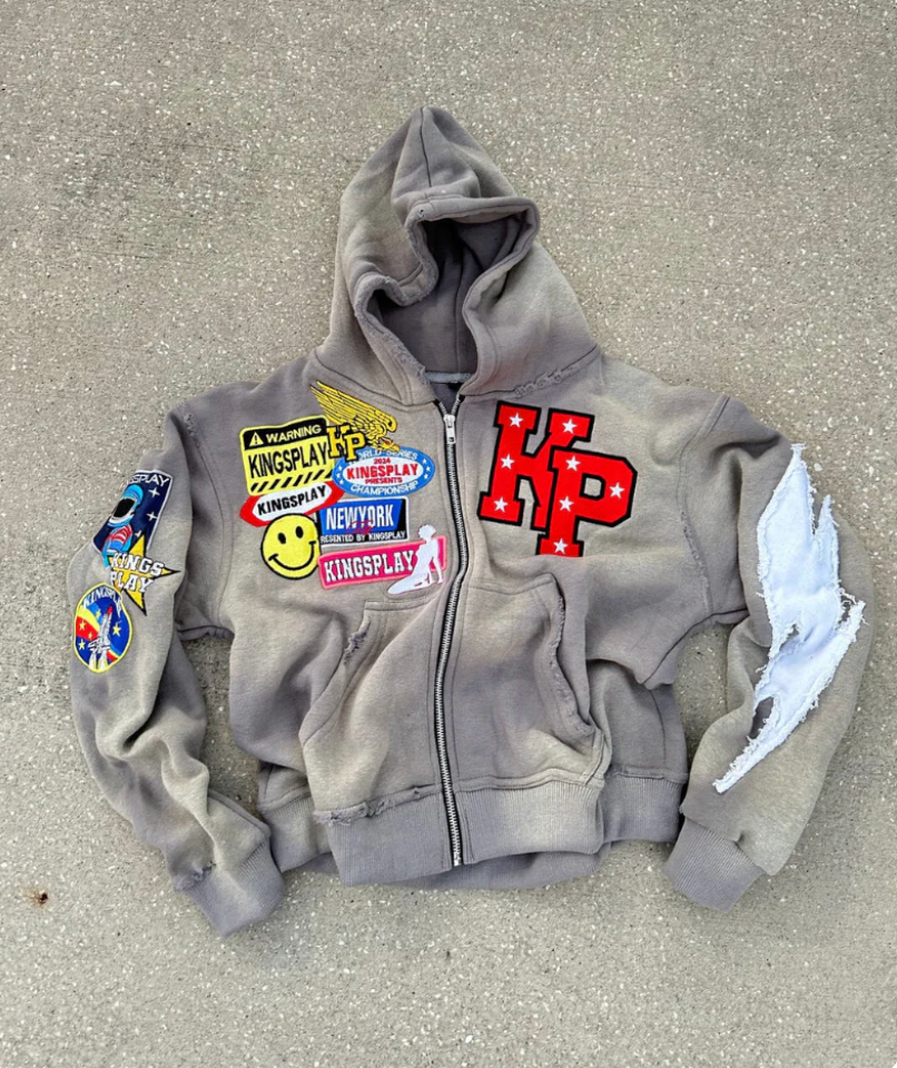 Gray zip-up hoodie jacket with hood, front pocket, and Kingsplay graphic patch