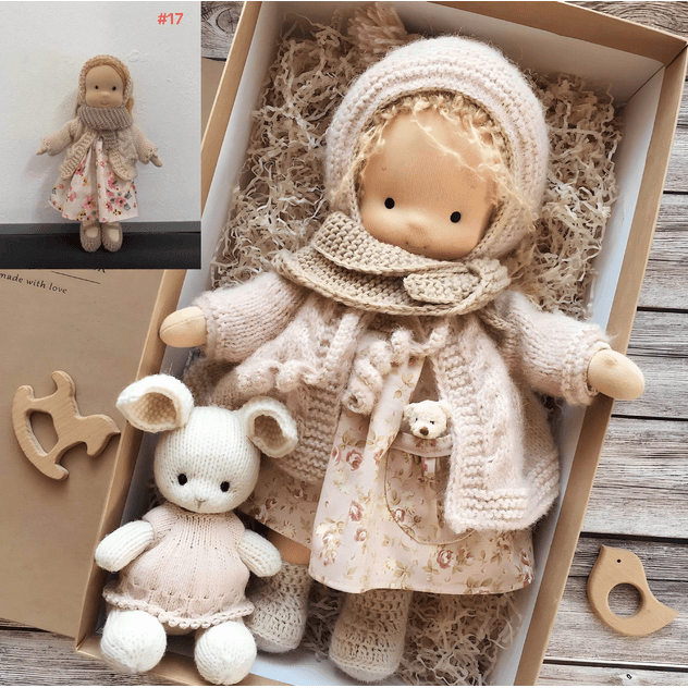 Handmade wool doll in cream hooded knit, floral dress, with white mouse plush