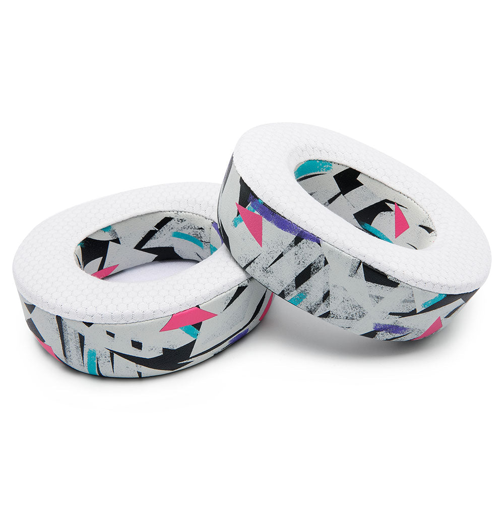 White cooling gel replacement ear pads with colorful graphic inner sides and matching trim