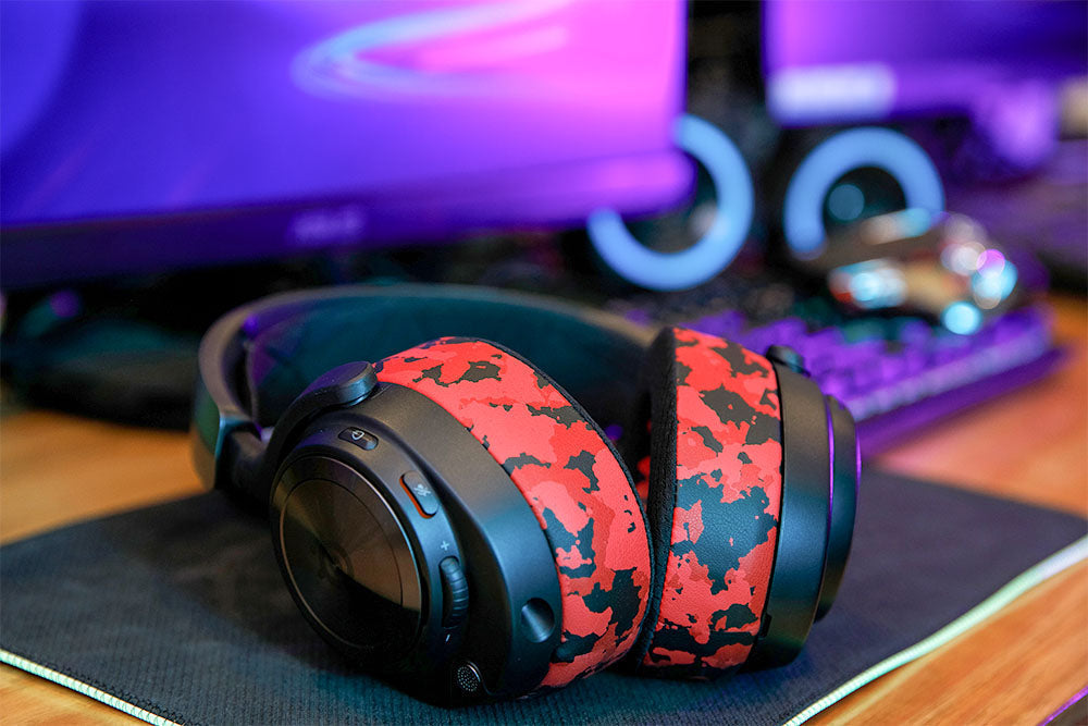 Cooling gel replacement earpads, red camo with black outer shell for over-ear headsets