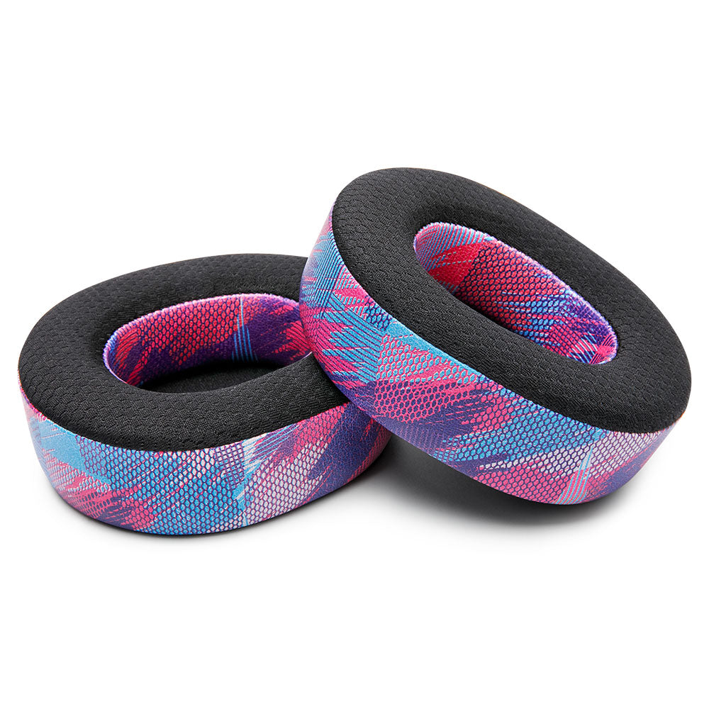 Cooling gel replacement earpads, black with red and blue camo pattern, pair view