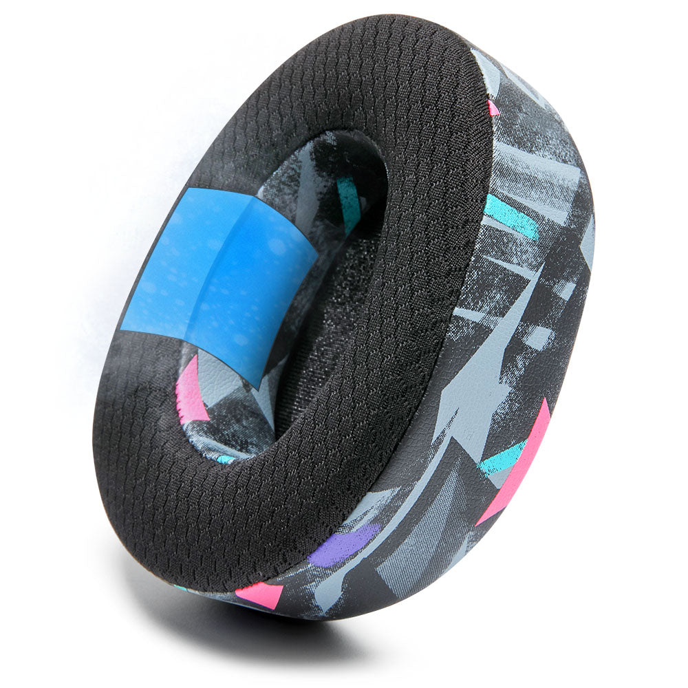 Pair of black cooling gel replacement ear pads with blue panel and multicolor graphic accents