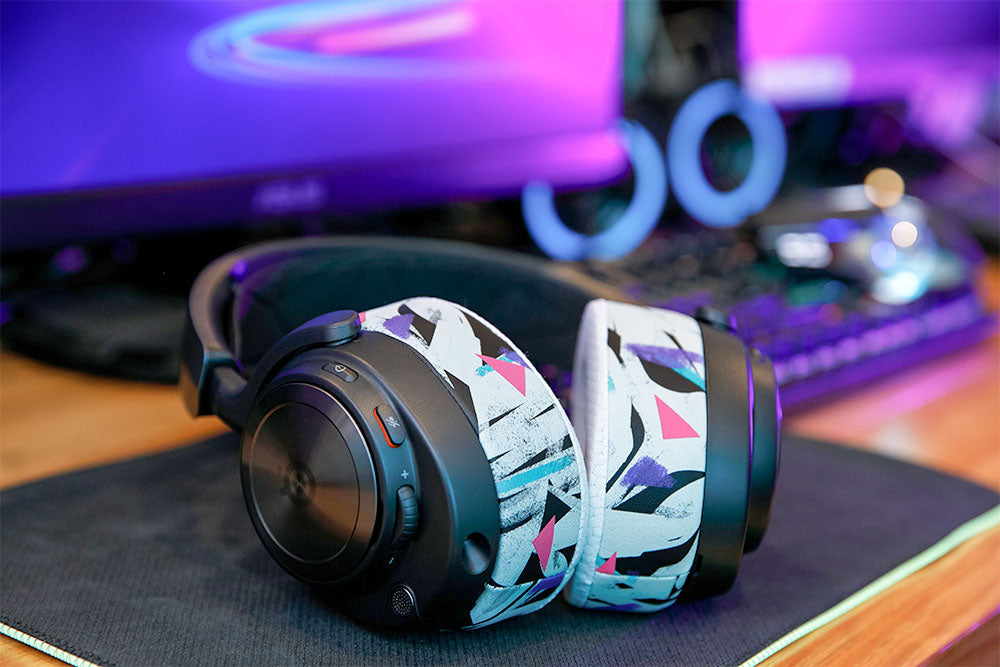 Cooling gel replacement earpads in white with blue, purple, and pink graphic accents
