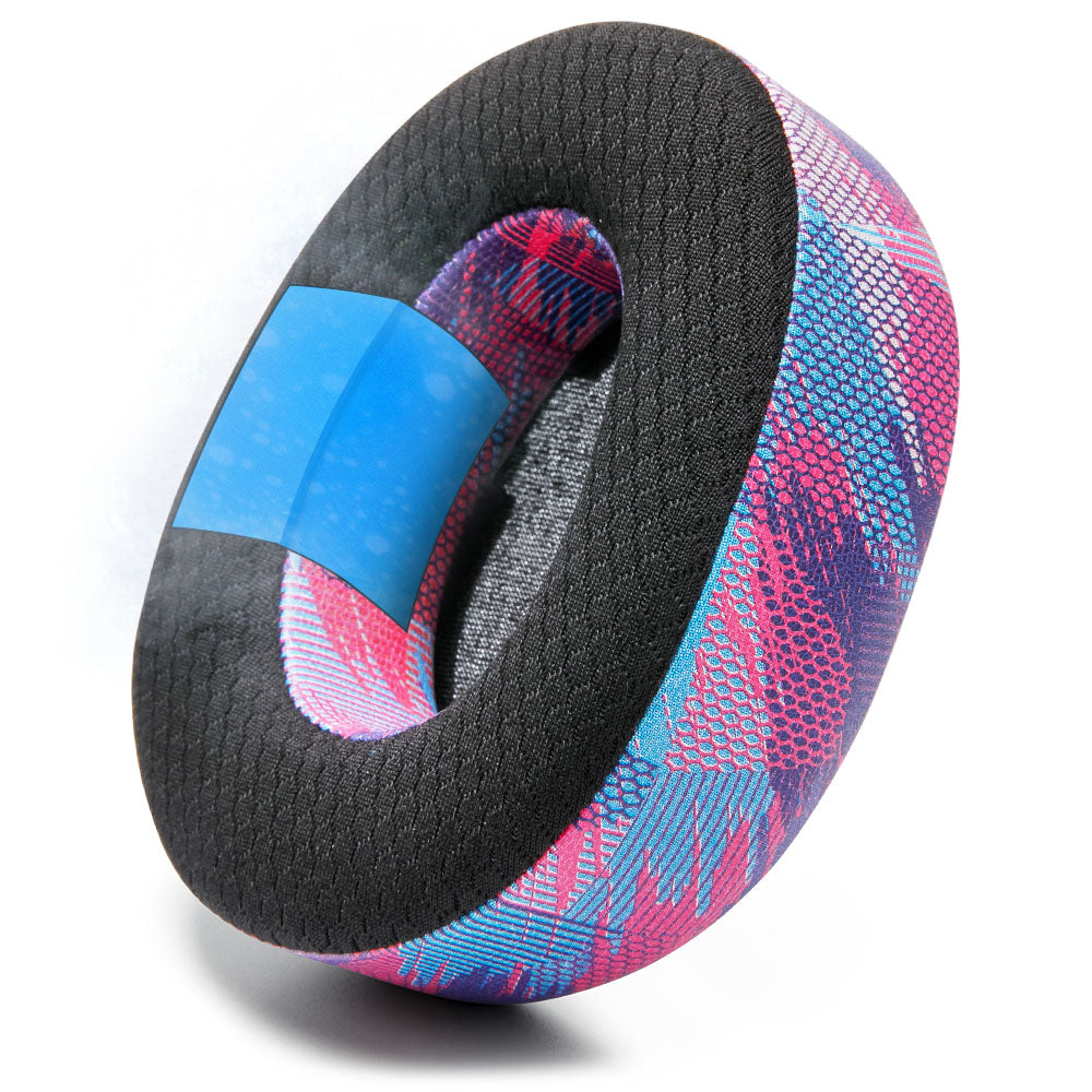 Cooling gel replacement earpads, blue and pink pattern with black outer foam ring