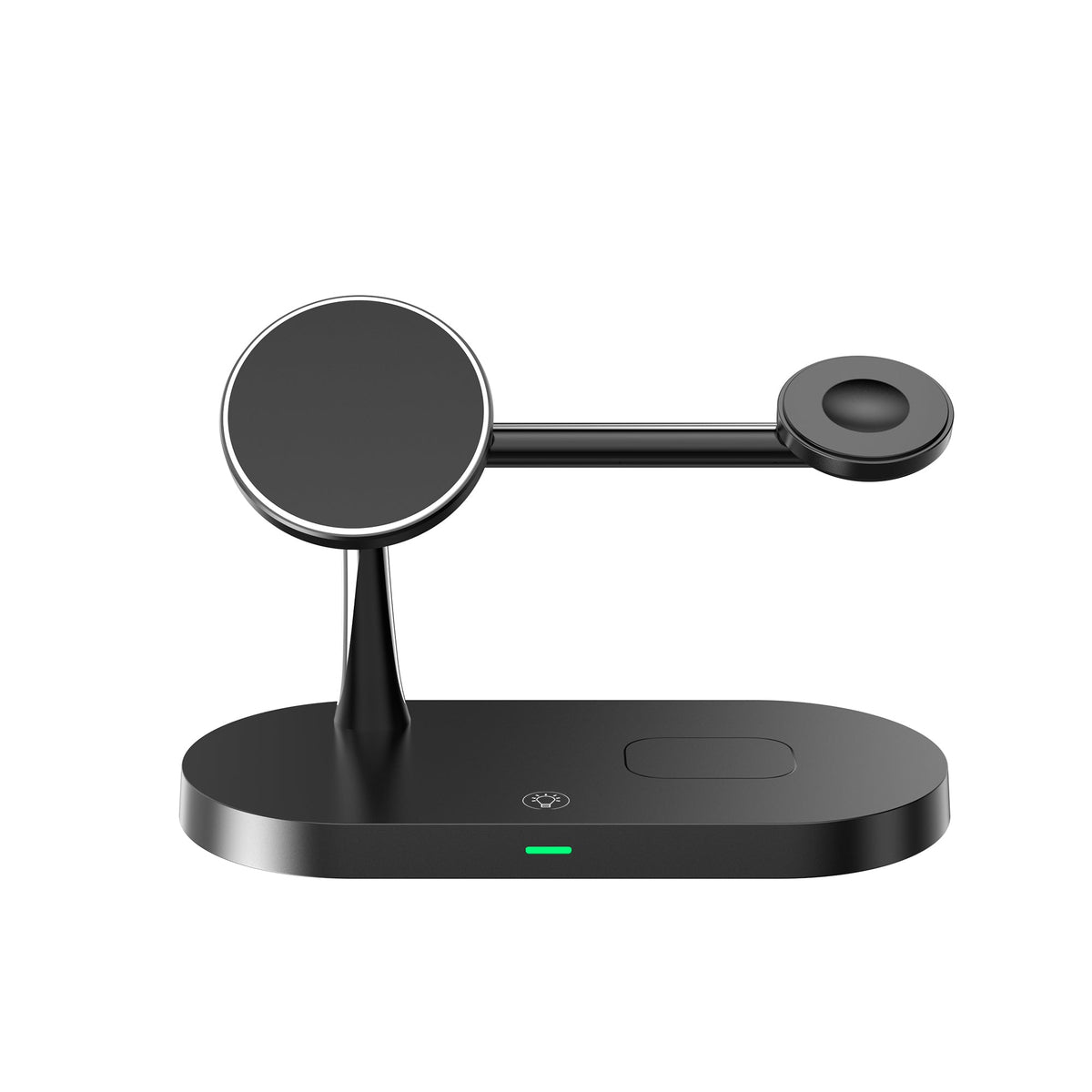 Black 3-in-1 wireless charging station with round phone pad and side module on base