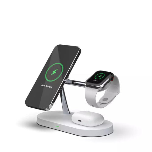 White 3-in-1 wireless charging station with phone stand, watch dock, and earbud pad