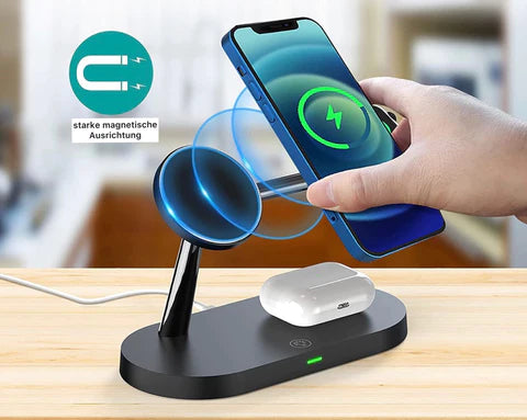 Black 3-in-1 wireless charging station with phone on stand and watch dock