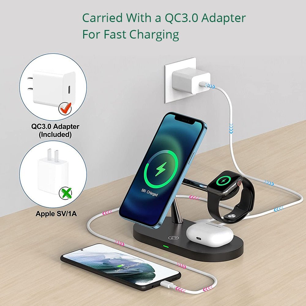 3-in-1 wireless charging station with phone stand, watch dock, and included charging adapter