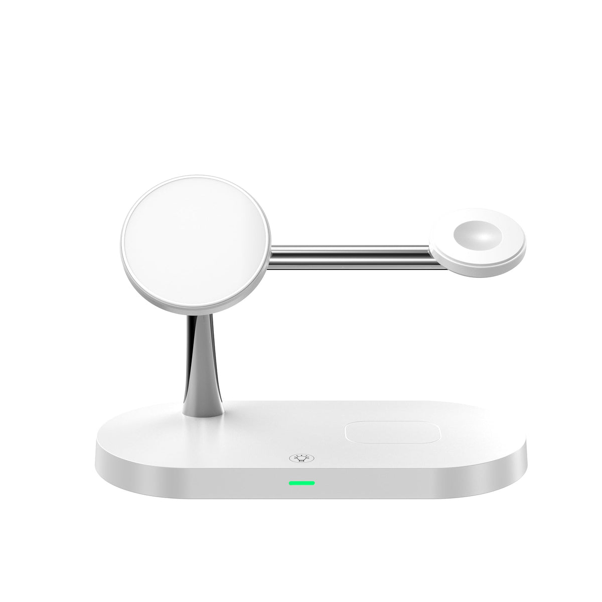 White 3-in-1 wireless charging station with round phone charging pad and side module