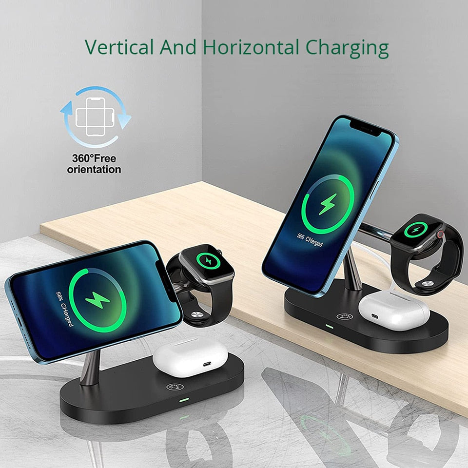 3-in-1 wireless charging station with two phones and a watch dock in use