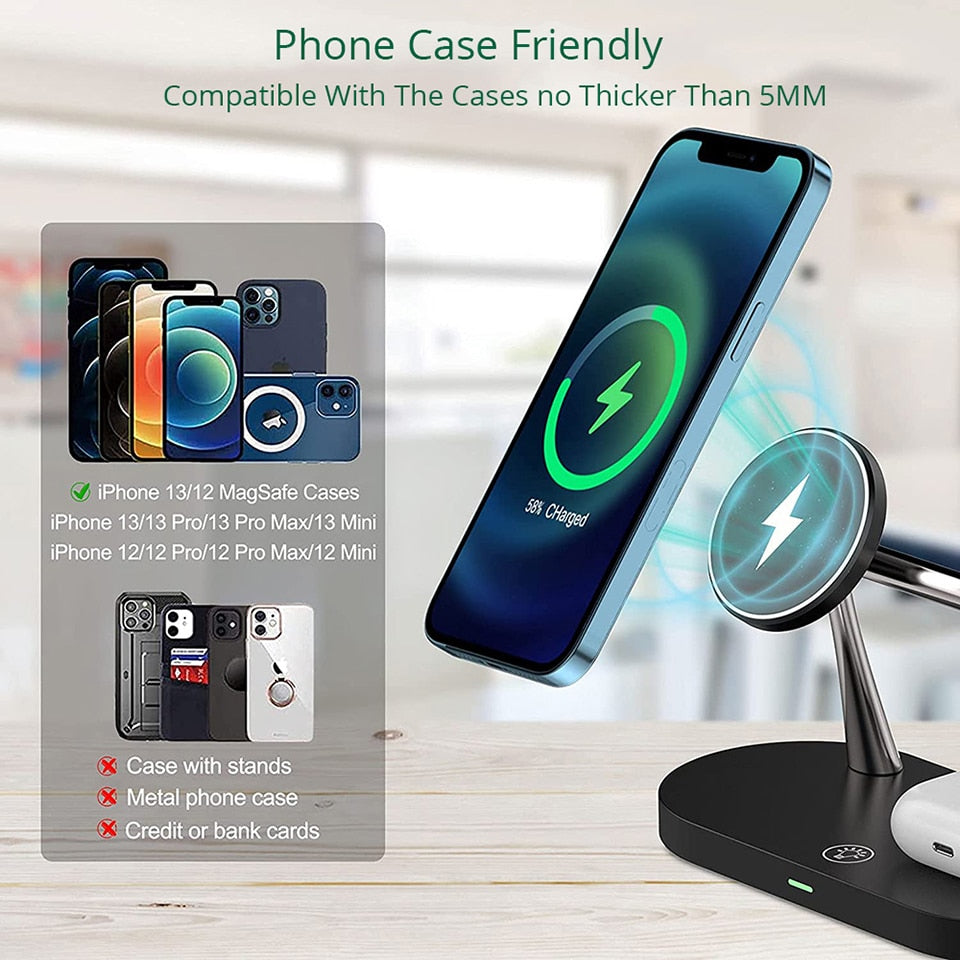 Phone case-friendly 3-in-1 wireless charging station with phone stand and watch dock