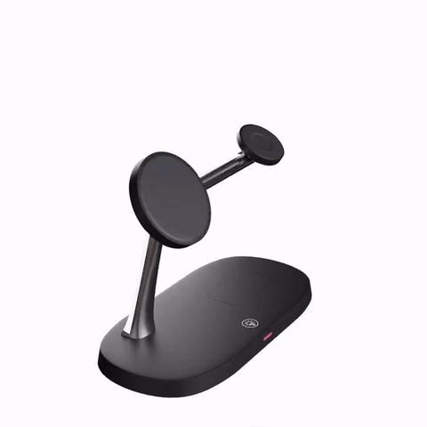 Black 3-in-1 wireless charging station with dual round charging pads