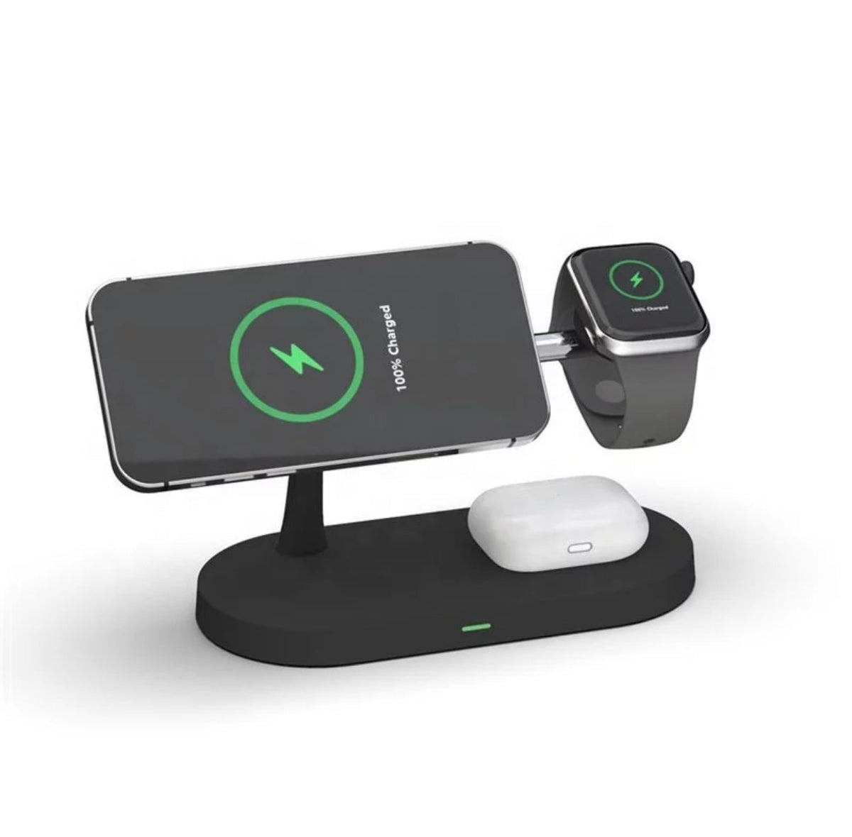 Black 3-in-1 wireless charging station with tilted phone stand and watch cradle