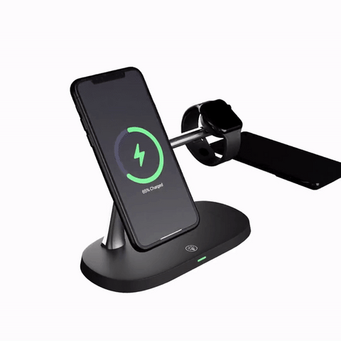 Black 3-in-1 wireless charging station with phone stand and accessory holder