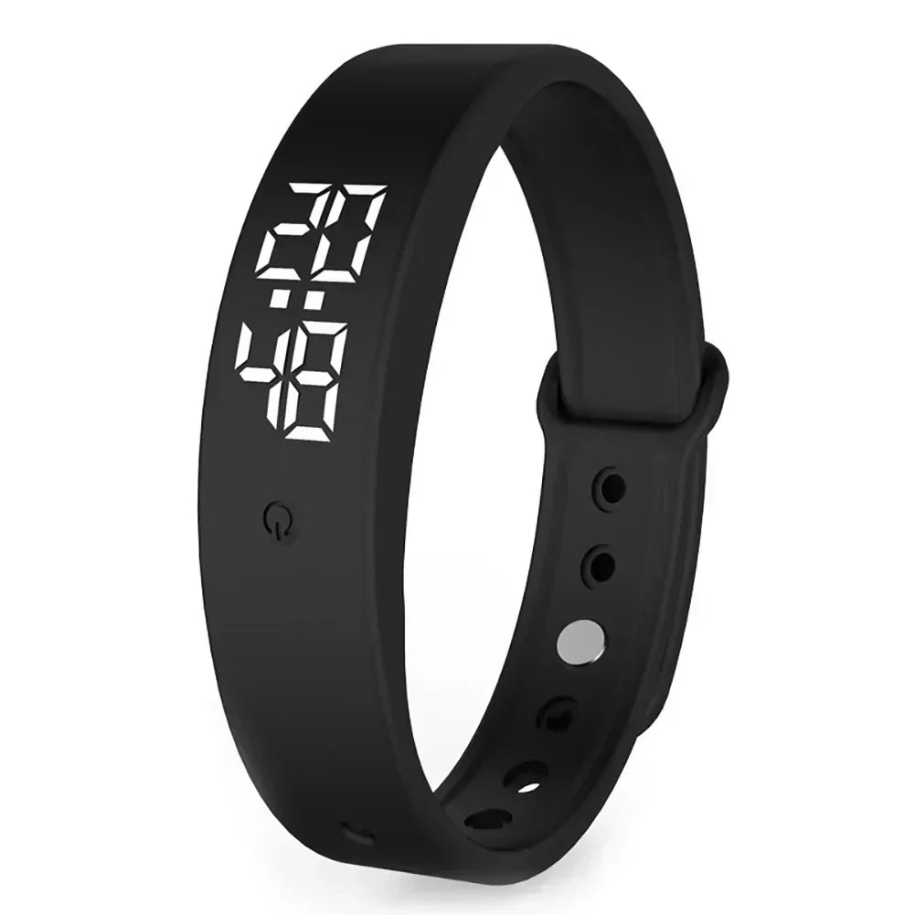 Black waterproof vibration alarm watch with digital display on silicone strap