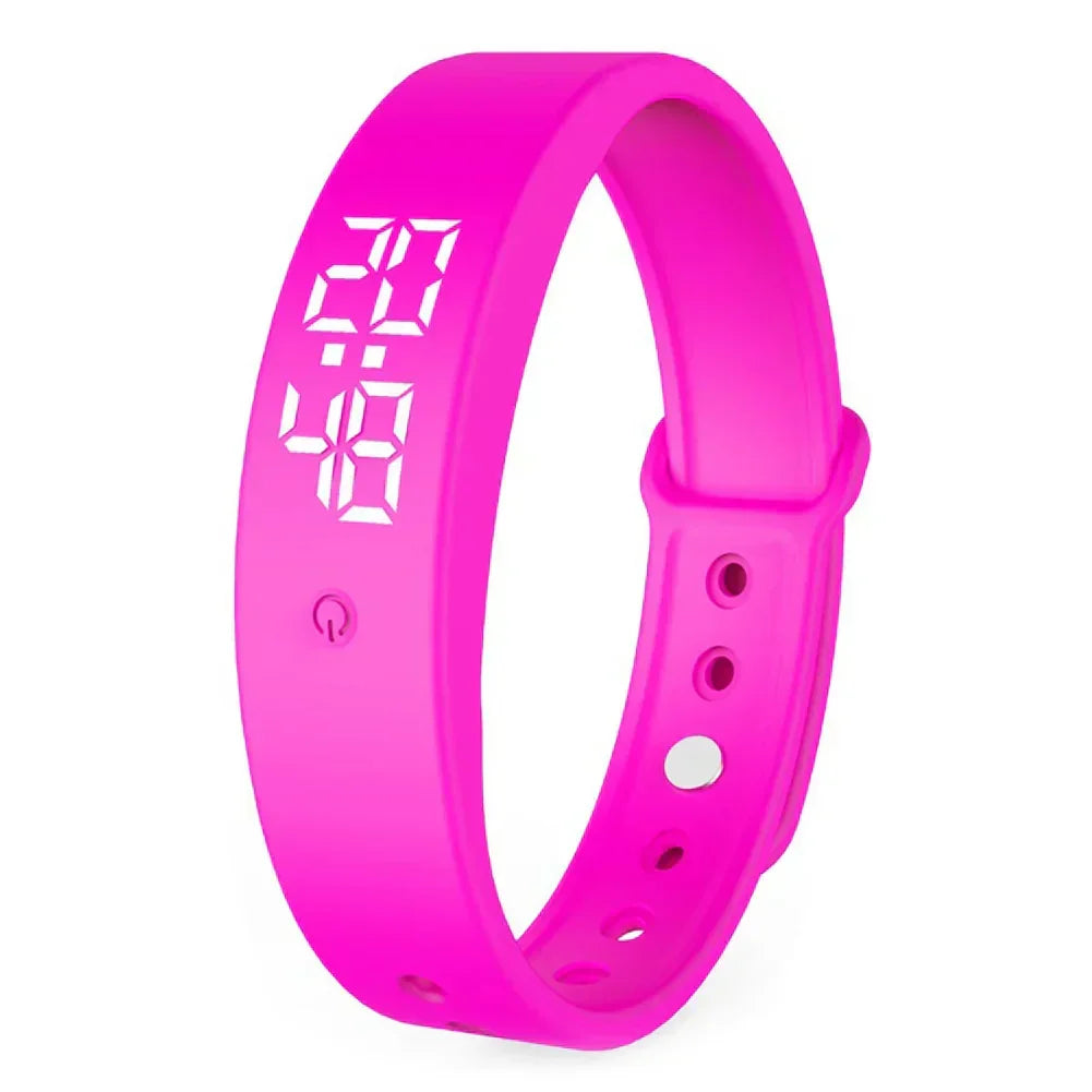 Pink waterproof vibration alarm watch with digital display on silicone fitness band
