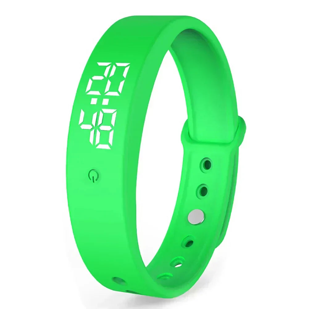 Green waterproof vibration alarm watch with digital display on flexible silicone band