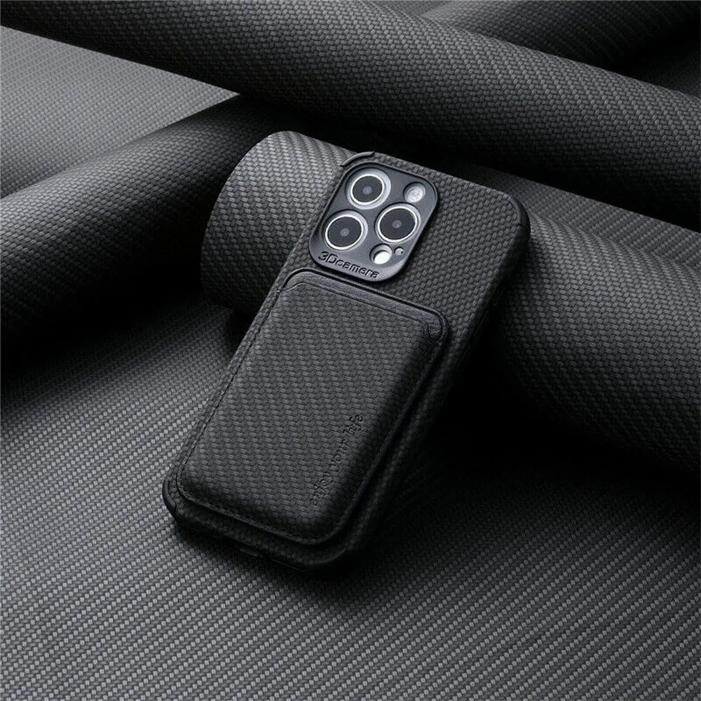 MagSafe wallet phone case, dark gray fabric texture, rear card holder pocket