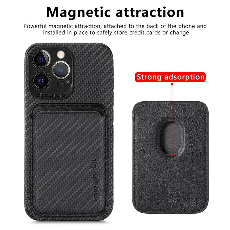 MagSafe wallet phone case, black fabric texture, rear card holder with magnetic circle