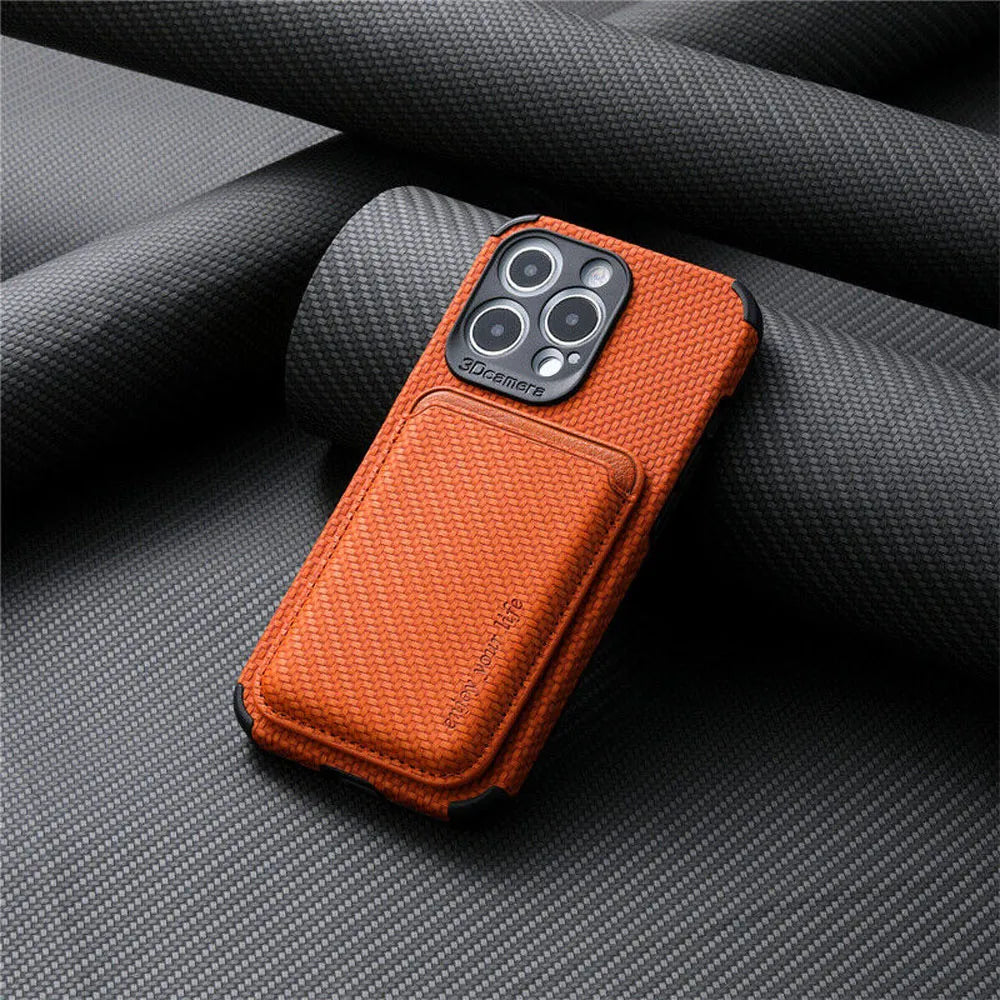 MagSafe wallet phone case, orange textured fabric, rear card holder pocket