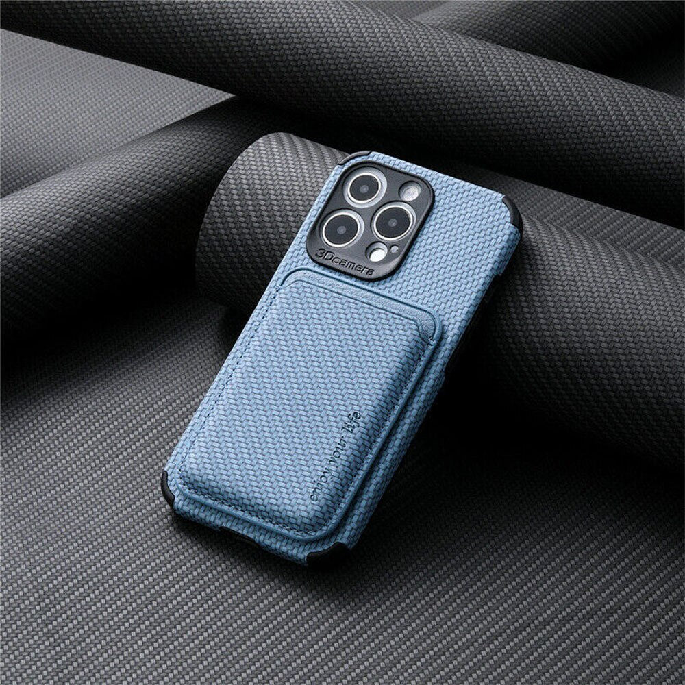 MagSafe wallet phone case, light blue textured fabric, rear card holder pocket