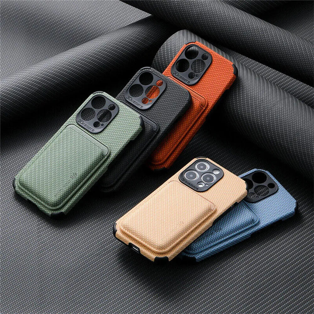 MagSafe wallet phone case with card holder, shown in orange, green, tan, and blue