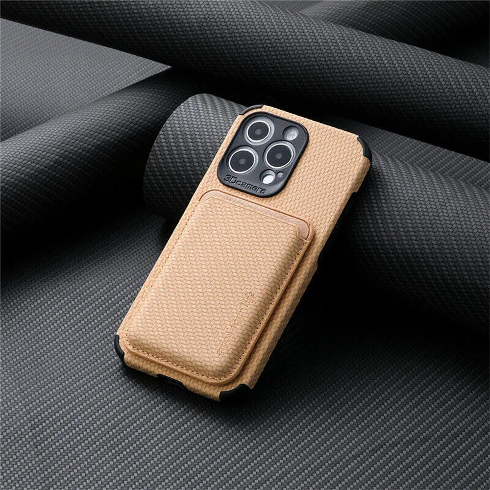 MagSafe wallet phone case, beige textured fabric, rear card holder pocket