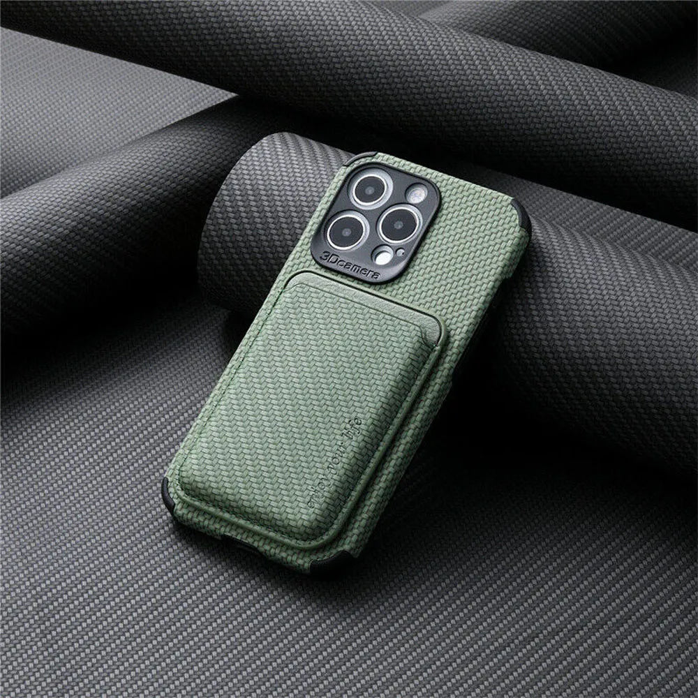 MagSafe wallet phone case, sage green textured fabric, rear card holder pocket