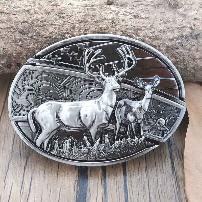 Men's western oval belt buckle with engraved deer and antlers, silver-tone metal