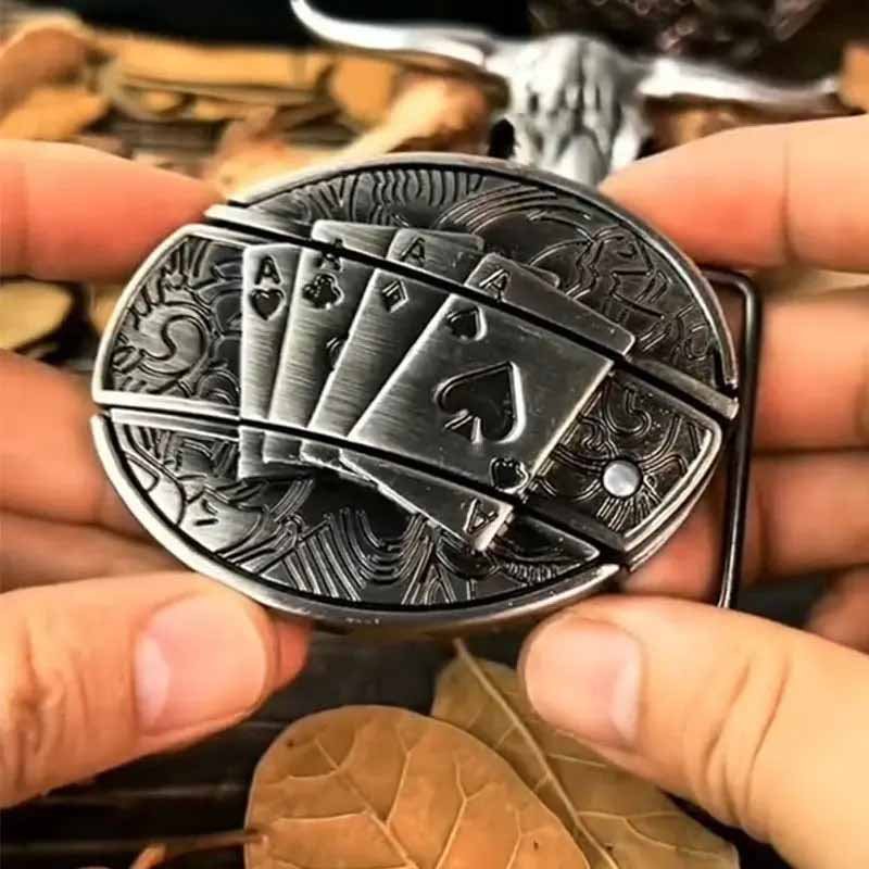 Western belt buckle with engraved bull skull oval design and open belt loop