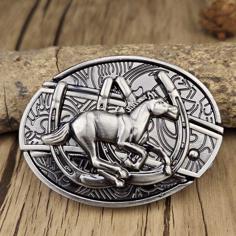 Men's western oval belt buckle with engraved bull head and scrollwork, silver-tone metal