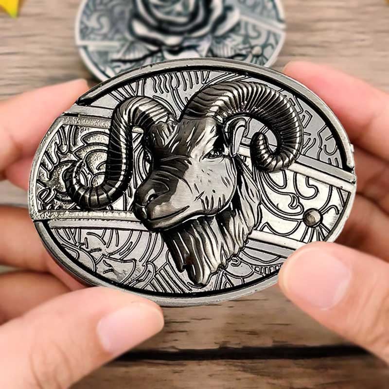 Men's western oval belt buckle with engraved bull head profile, silver-tone metal