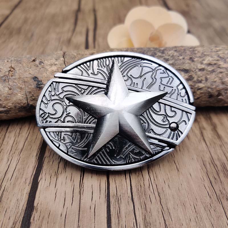 Western oval belt buckle with large five-point star engraving, silver-tone metal