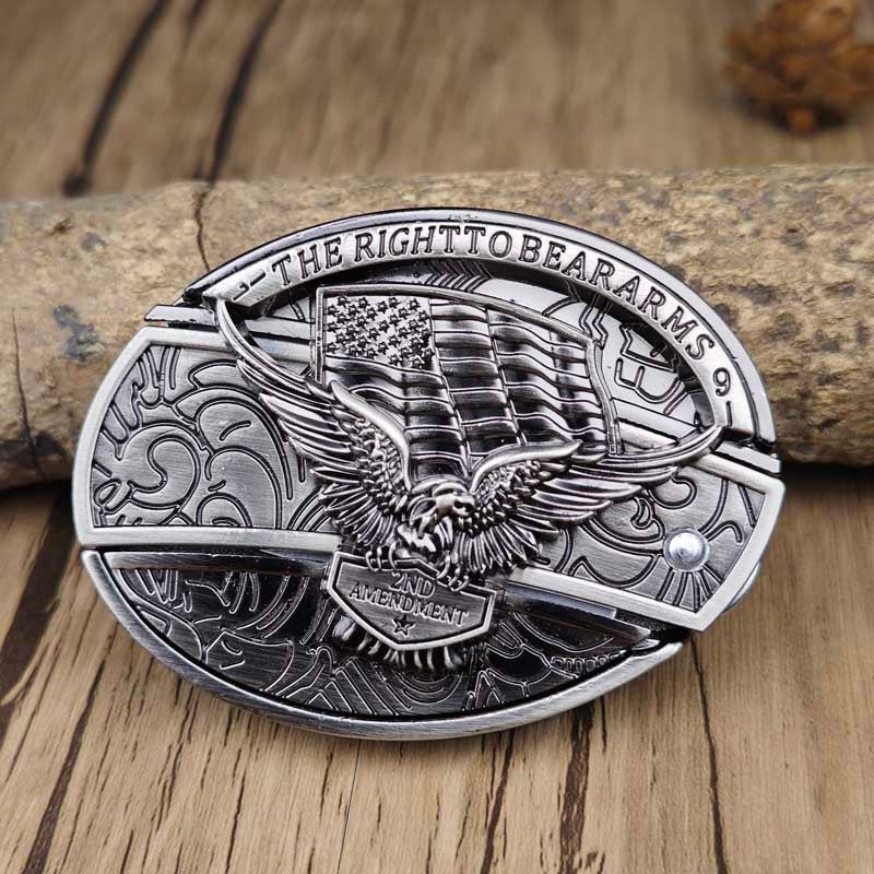 Men's western oval belt buckle with engraved eagle and text, silver-tone metal