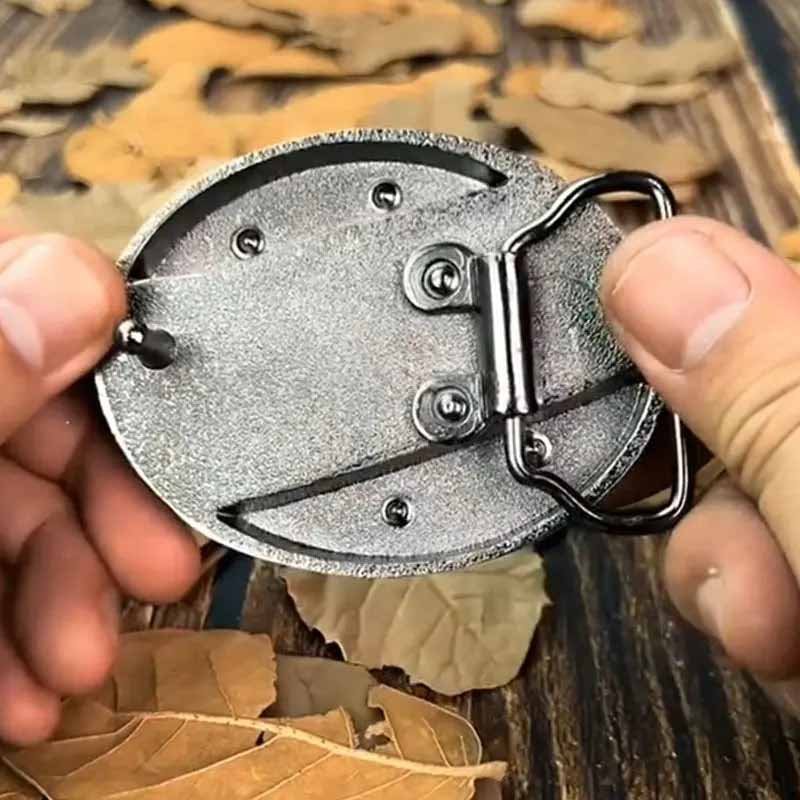 Western belt buckle back side with metal frame and swivel tongue clasp