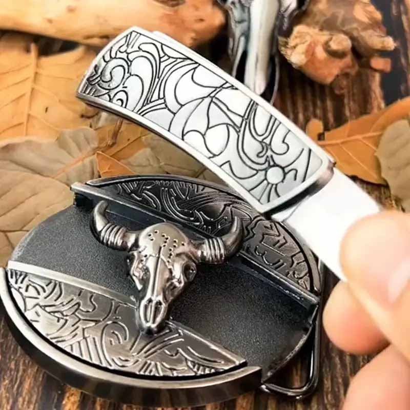 Western belt buckle with bull skull design on dark belt strap, silver metal oval