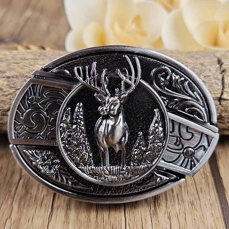 Men's western oval belt buckle with engraved deer head in black inset, silver-tone