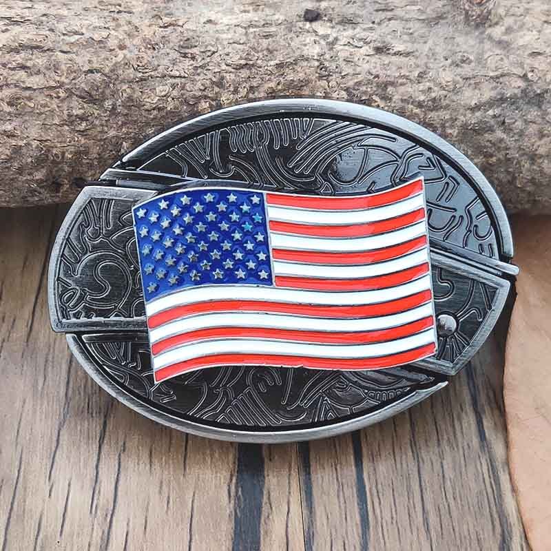 Men's western belt buckle with an American flag graphic in oval frame, silver-tone