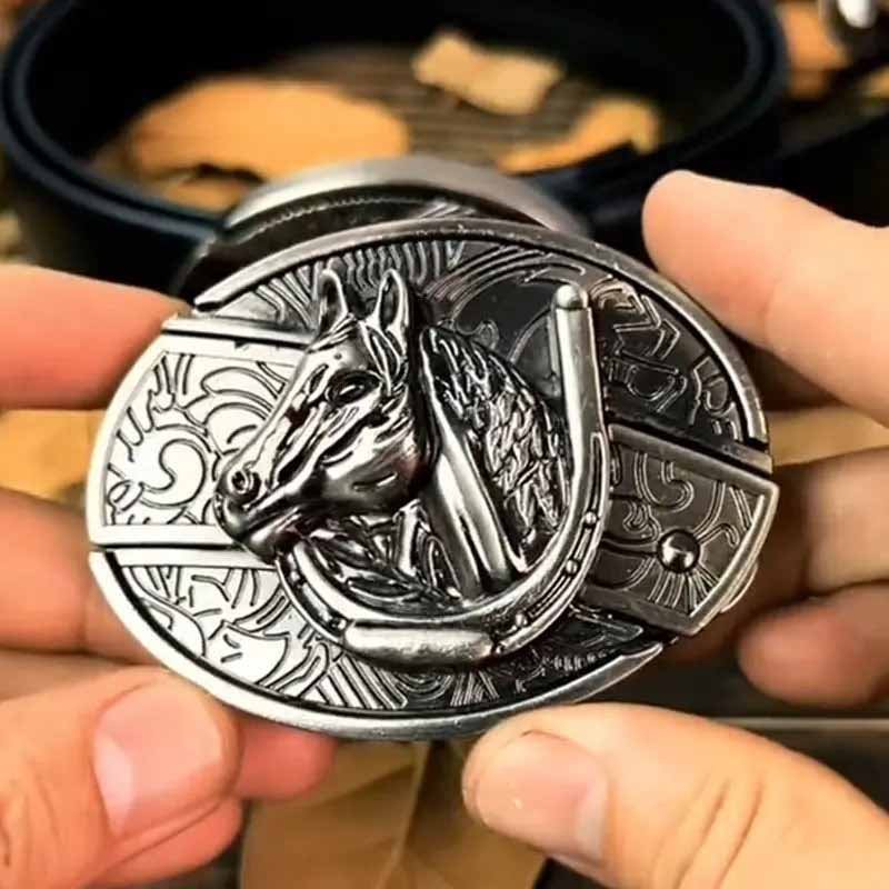 Men's western circular belt buckle with engraved bull portrait, silver-tone finish