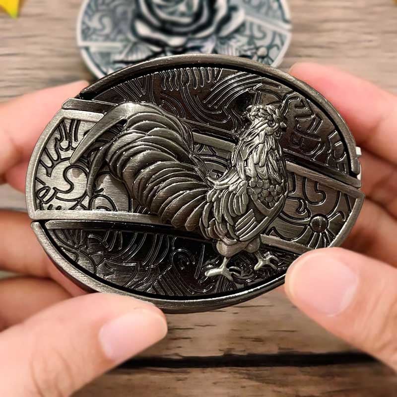 Men's western oval belt buckle with engraved rooster head, dark patterned background