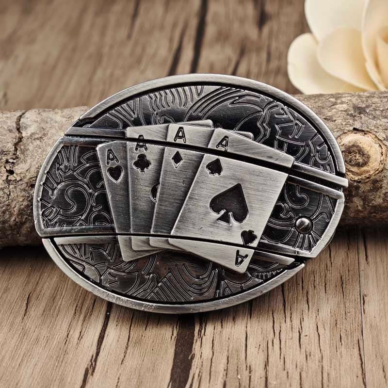Men's western belt buckle with engraved playing cards (aces), silver-tone metal