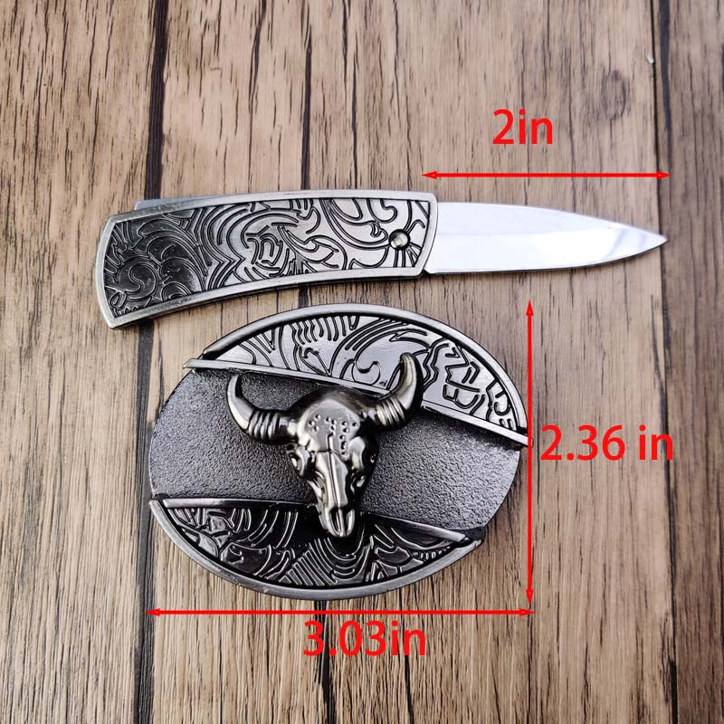 Western belt buckle layout showing bull skull oval design on black textured base