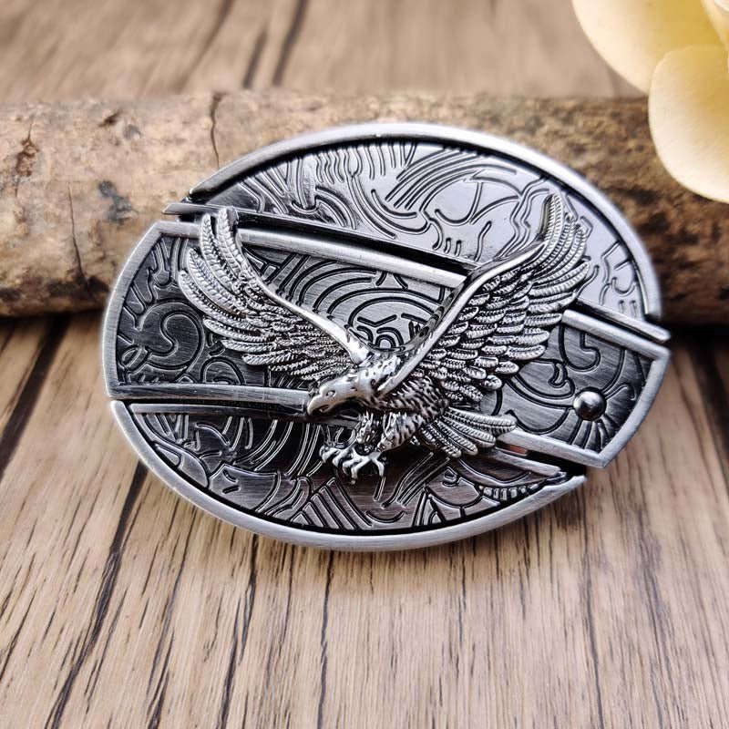 Men's western oval belt buckle with engraved eagle in flight, silver-tone metal