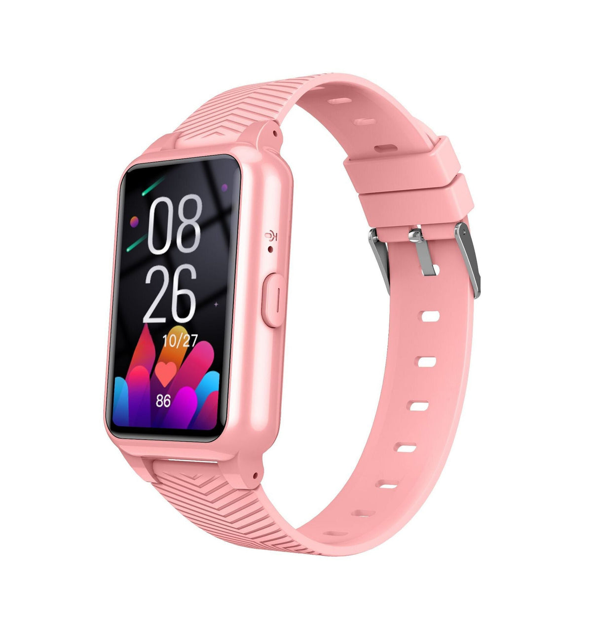 Pink GPS safety smartwatch with rectangular touchscreen and textured silicone band