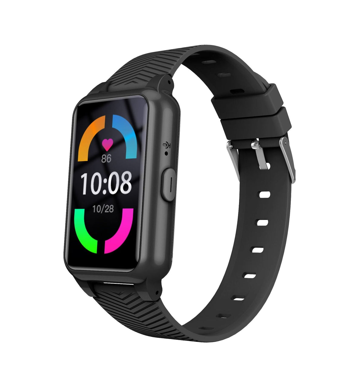 Black GPS safety smartwatch with rectangular touchscreen and textured silicone band