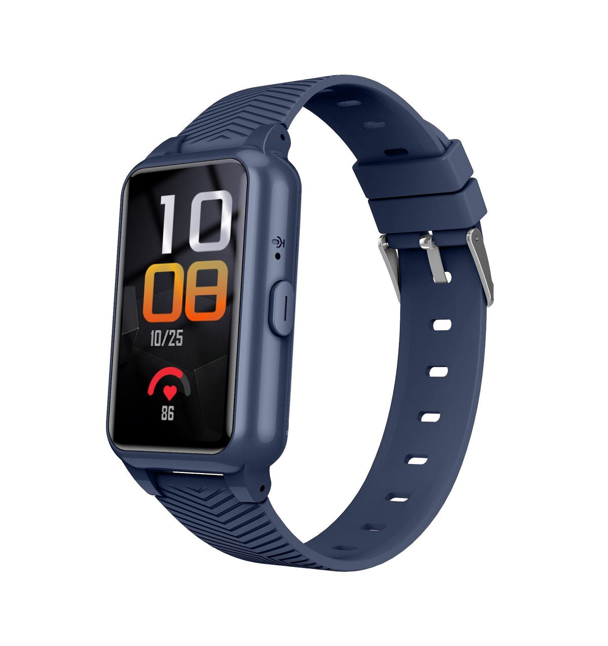 Dark blue GPS safety smartwatch with rectangular touchscreen and textured silicone band