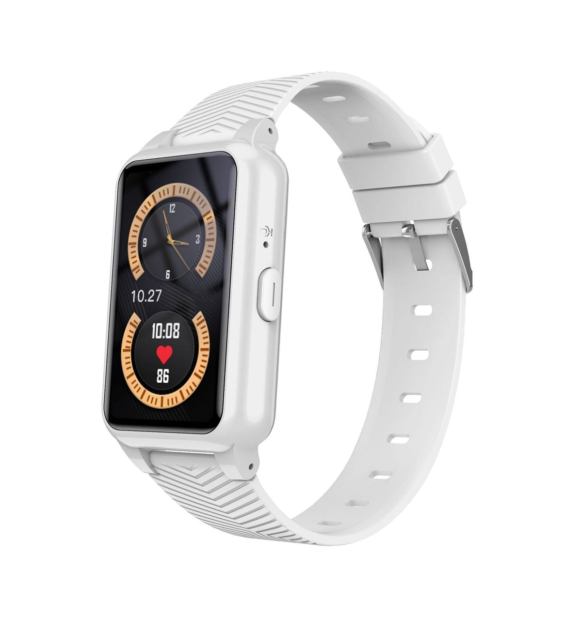 White GPS safety smartwatch with rectangular touchscreen and textured silicone band