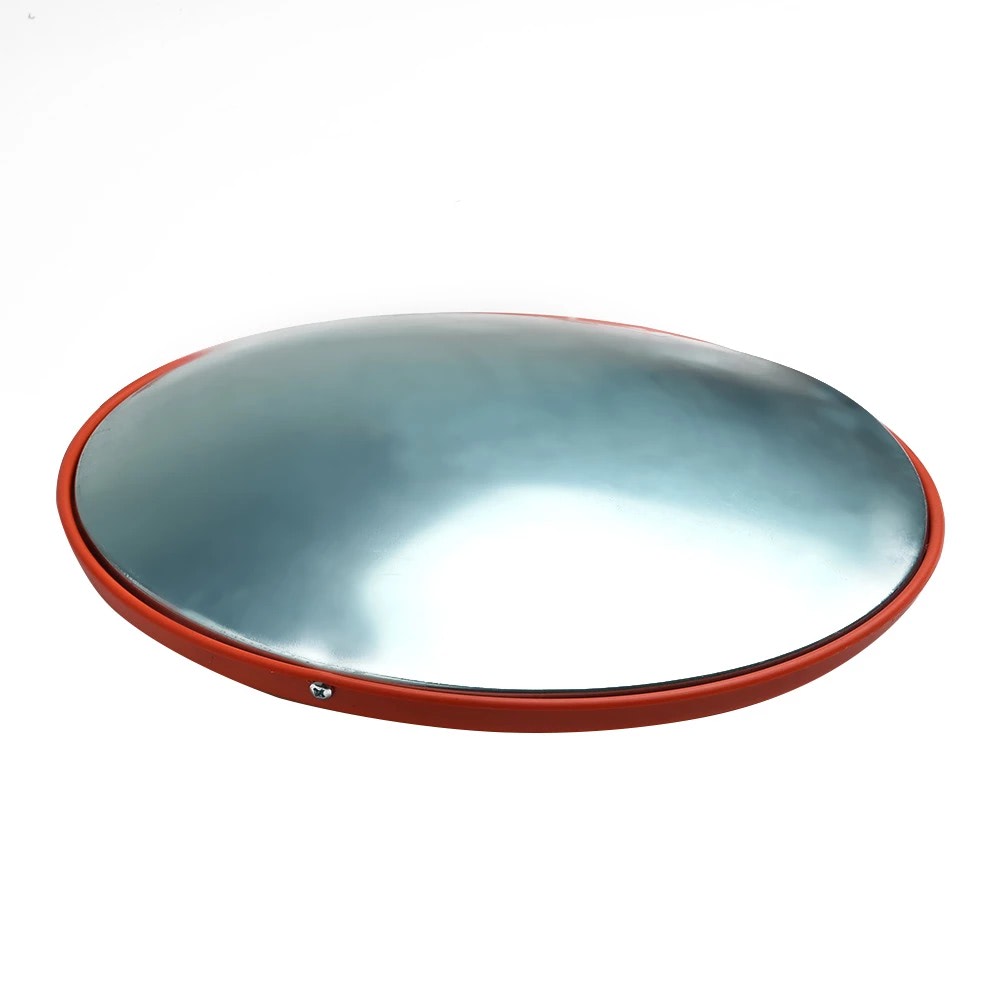 Round mirror with orange edge and reflective glass panel